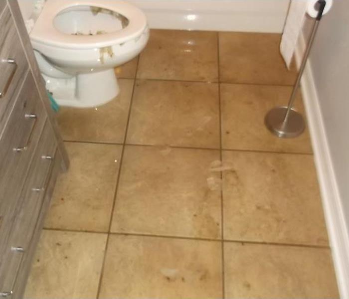Bathroom with sewage on floor and around toilet 