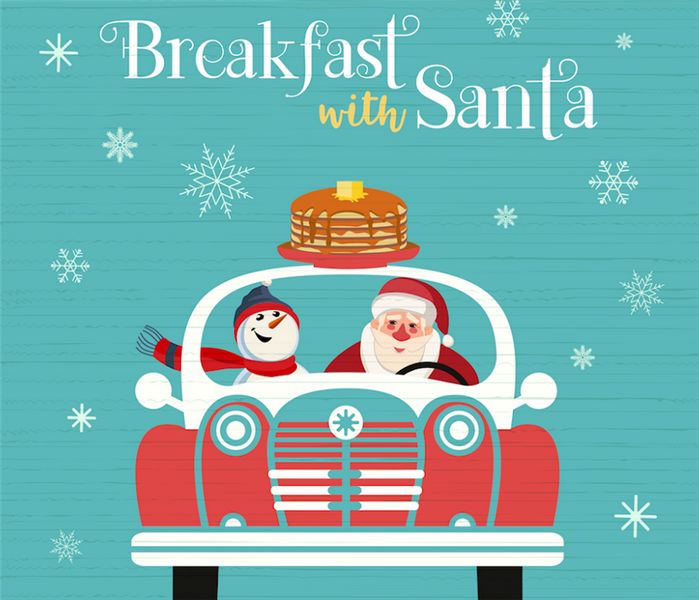 logo advertising breakfast with Santa with a picture of Santa and a snowman in a car