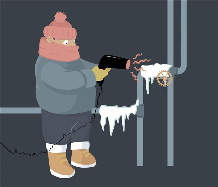 Cartoon of man with hair dryer on a frozen pipe